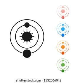 Black Solar system icon isolated on white background. The planets revolve around the star. Set icons colorful. Vector Illustration