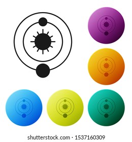 Black Solar system icon isolated on white background. The planets revolve around the star. Set icons colorful circle buttons. Vector Illustration