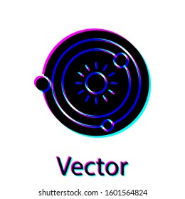 Black Solar system icon isolated on white background. The planets revolve around the star.  Vector Illustration