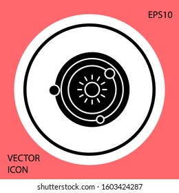 Black Solar system icon isolated on red background. The planets revolve around the star. White circle button. Vector Illustration