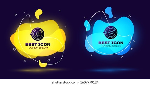 Black Solar system icon isolated on blue background. The planets revolve around the star. Set abstract banner with liquid shapes. Vector Illustration