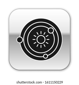 Black Solar system icon isolated on white background. The planets revolve around the star. Silver square button. Vector Illustration