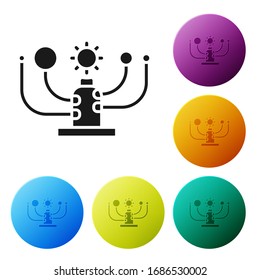Black Solar system icon isolated on white background. The planets revolve around the star. Set icons in color circle buttons. Vector Illustration