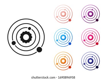 Black Solar system icon isolated on white background. The planets revolve around the star. Set icons colorful. Vector Illustration