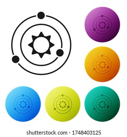Black Solar system icon isolated on white background. The planets revolve around the star. Set icons in color circle buttons. Vector