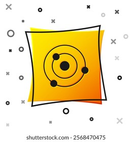 Black Solar system icon isolated on white background. The planets revolve around the star. Yellow square button. Vector