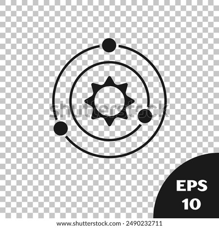 Black Solar system icon isolated on transparent background. The planets revolve around the star.  Vector