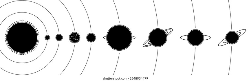 Black solar system planet stars with line orbit vector design