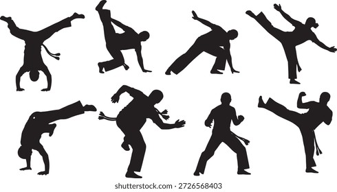 Conjunto de siluetas de capoeira maciza negra de seis sobre fondo blanco aislado sobre fondo blanco liso.