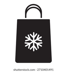 Icono sólido negro del bolso del regalo de la Navidad con la manija y el símbolo del copo de nieve. Signo de empaquetado de vacaciones de glifo mínimo para regalos de Navidad, Web, App, pegatinas y diseños de venta