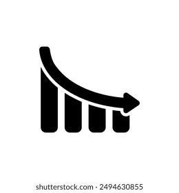 icono de gráfico de barras decreciente sólido negro, indicador de progreso, útil para informes financieros o seguimiento de rendimiento.