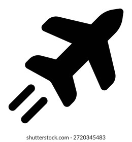 Black solid glyph of an airplane in motion. Clean and modern style for air travel, tourism, transportation, and global journey concepts.