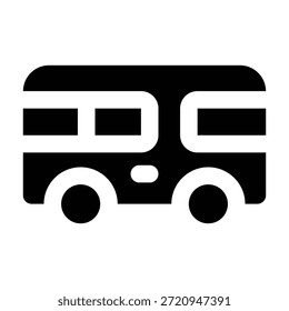 Black solid glyph of a bus vehicle in front view. Minimal style representing public transportation, urban travel, commuting systems, and mass transit services.