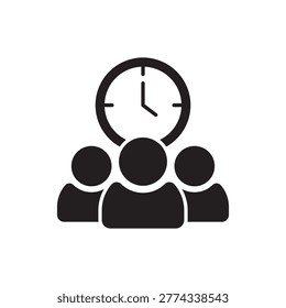Black solid glyph icon of a group of people with a clock behind