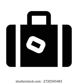 Schwarze durchgezogene Glyphe eines Koffers. Minimaler Stil für Reise-, Gepäck-, Urlaubsvorbereitung, Tourismus- und Mobilitätskonzepte.