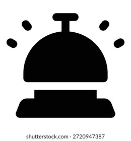 Black solid glyph of a service desk bell with ringing marks. Minimal design symbolizing reception assistance, customer service, hospitality support, and hotel front desk interaction.