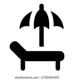 Black solid glyph showing a sunbed with umbrella. Clean and minimal design representing vacation, beach leisure, summer travel, and relaxation concepts on simple background.