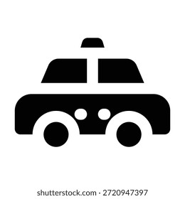 Black solid glyph of a taxi car with roof sign. Clean and minimal style representing urban transportation, travel mobility, ride services, and city commuting systems.