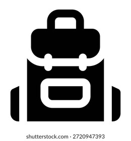 Glifo sólido negro de una mochila de viaje con bolsillos y correas. Diseño minimalista que representa viajes de aventura, viajes al aire libre, equipo de turismo y conceptos de estilo de vida de movilidad.