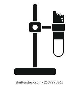 Black solid icon for a broken test tube held by a clamp on a stand, style is flat and simple