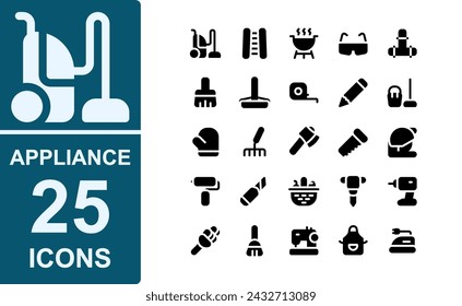 Schwarz Solid Icon Set Haushaltsgeräte. Enthält Bohrer, Elektrobohrer, Federstauber, Besen, Nähmaschine, Schürze, Bügeleisen. Gut für Web und Anwendung.
