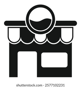 Black solid icon of a street food cafe building with a round sign, representing fast food selling