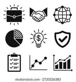 Black solid icons for corporate strategy and success concepts