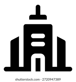Schwarze, solide Illustration eines Hotelgebäudes mit symmetrischer Struktur und Eingangsdetails. Minimaler Glyphenstil, der für Reisedienste, Unterkunftsplattformen, Tourismus-Apps und städtische Gastfreundschaft auf sauberem Hintergrund geeignet ist.