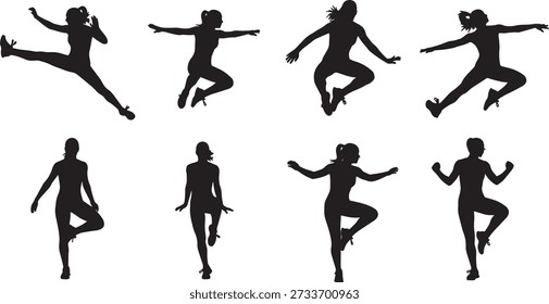 Black Solid Jumping Jack Silhouettes Set of Six on White Background isolated on plain white background.