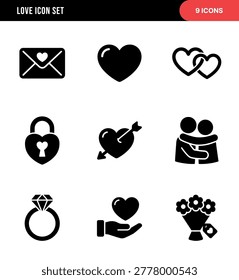 Black Solid Love Icon Set Representing Relationship Elements