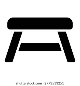 Black solid picnic table symbol with bench silhouette in minimal glyph style. Perfect for parks, campsite maps, outdoor dining, family recreation, and travel information graphics.