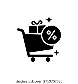 Icono de Carrito de compras sólido negro con bolso y diseño de insignia de venta