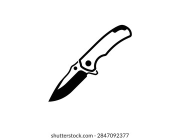 Black solid silhouette of a classic folding pocket jackknife knife half open isolated on white background.
