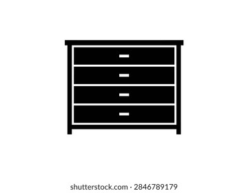 Black solid silhouette icon of a chest of drawers dresser with four drawers and small handles. Isolated on white background for dresser, chest of drawers, furniture, bedroom and storage concept.