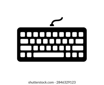 Black solid silhouette icon of a wired computer keyboard with keys and cord on top. Isolated keyboard icon on white background for technology, computer accessories, office equipment and typing concept