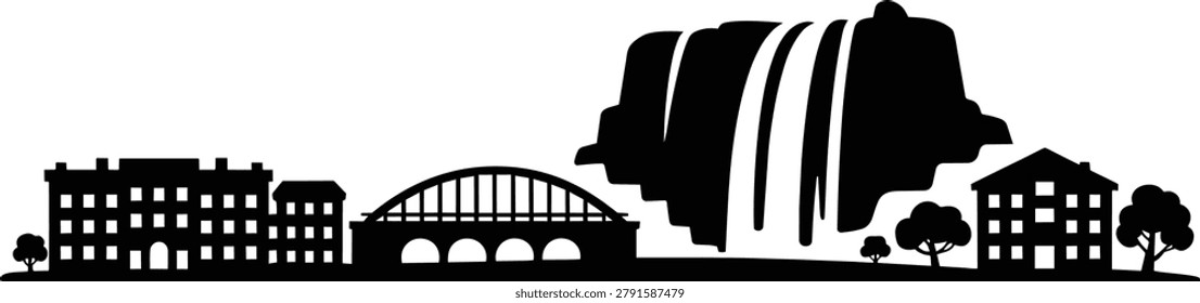 A black solid silhouette illustration of an urban cityscape, featuring a majestic waterfall, classic buildings, and an arched bridge. Stylish script typography below.