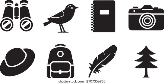Black solid silhouette vector icon set: ecology, hiking, and wildlife symbols.