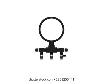 Black solid silhouette vector icon of a circular coiled air hose with three-way manifold and shut-off valves. Pneumatic air distribution splitter for air compressor, workshop, and industrial air line system. Flat minimal icon isolated on white