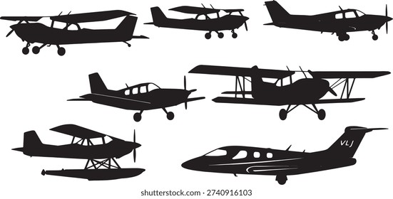 Black Solid Small Private Plane Silhouettes Set of Six on White Background