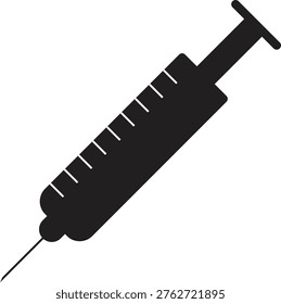 Black solid syringe icon isolated on white background. Medical injection, vaccination, healthcare and medicine concept. Clean and minimal flat design vector illustration suitable for hospital, clinic, doctor and immunization themes. Injection Syringe Medical Icon Isolated on Black and White Vector Graphic 