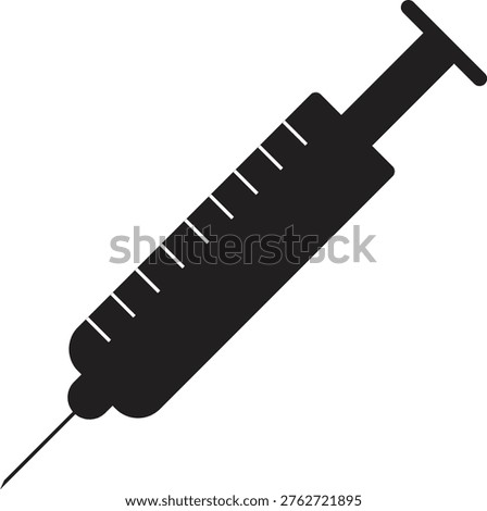 Black solid syringe icon isolated on white background. Medical injection, vaccination, healthcare and medicine concept. Clean and minimal flat design vector illustration suitable for hospital, clinic, doctor and immunization themes. Injection Syringe Medical Icon Isolated on Black and White Vector Graphic 