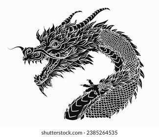 Sólida serpiente tradicional china o japonesa de dragón con estilo dibujado a mano aislada en fondo blanco. Matiología animal asiático o monstruo, diablo. Dragón oriental de tinta para estampados de camisetas o tatuajes 