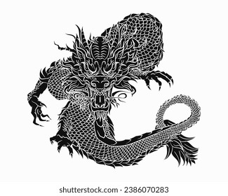 Black solid traditional Chinese or Japanese dragon snake in hand drawn style isolated on white background. Mythology Asian animal or monster, devil. Ink oriental dragon for t-shirt prints or tattoo 