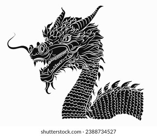 Sólida serpiente tradicional china o japonesa de dragón con estilo dibujado a mano aislada en fondo blanco. Matiología animal asiático o monstruo, diablo. Dragón oriental de tinta para estampados de camisetas o tatuajes 