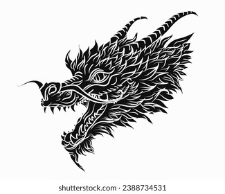 Sólido negro, tradicional, de dragón chino o japonés, con un estilo dibujado a mano aislado de fondo blanco. Matiología animal asiático o monstruo, diablo. Dragón oriental de tinta para estampados de camisetas o tatuajes 