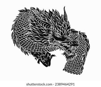 Sólida serpiente tradicional china o japonesa de dragón con estilo dibujado a mano aislada en fondo blanco. Matiología animal asiático o monstruo, diablo. Dragón oriental de tinta para estampados de camisetas o tatuajes 