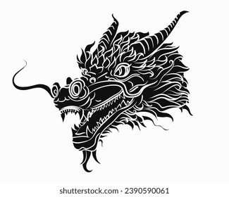 Sólido negro, tradicional, de dragón chino o japonés, con un estilo dibujado a mano aislado de fondo blanco. Matiología animal asiático o monstruo, diablo. Dragón oriental de tinta para estampados de camisetas o tatuajes 