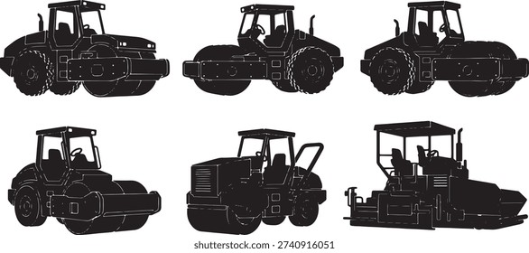 Black Solid Various Types of Road Roller Silhouettes Set of Six on White Background