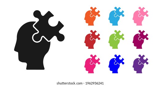 Black Solution to the problem in psychology icon isolated on white background. Puzzle. Therapy for mental health. Set icons colorful. Vector