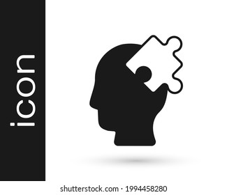 Solución negra al problema en el icono de la psicología aislado en el fondo blanco. Rompecabezas. Terapia para la salud mental.  Vector